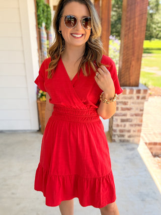 Red Soft Structure Smocked V-Neck Mini Dress