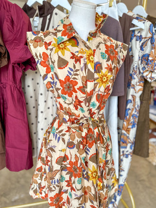 Tan Autumn Tapestry Tie Waist Mini Dress