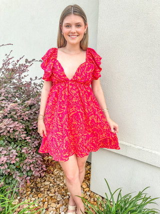 Orange Mix Tied With Love Printed Ruffle Mini Dress