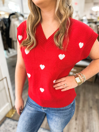 The Gift of Love Red/Cream Heart Pattern Knit Sleeveless Sweater Vest Top