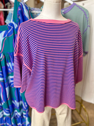 Pink/Royal Blue Casual Cravings Striped Oversized Knit Top