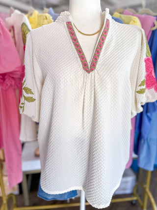 Cream Blooming Statement Sleeve Top