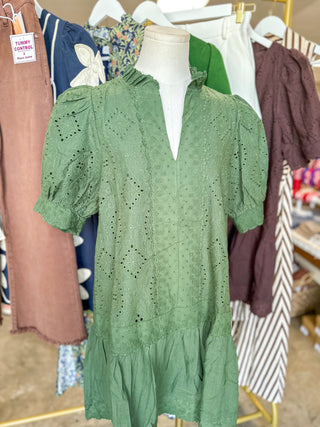 Hunter Green Evelyn Eyelet Mini Dress