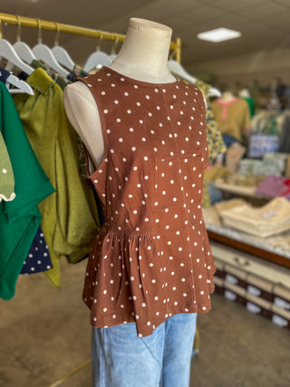 Brown Prescott Polka Dot Peplum Top