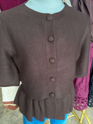 The Brown Hadley Peplum Short Sleeve Cardigan