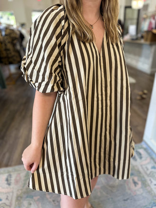 Cream Stripes Are So Back Puff Sleeve Shift Dress