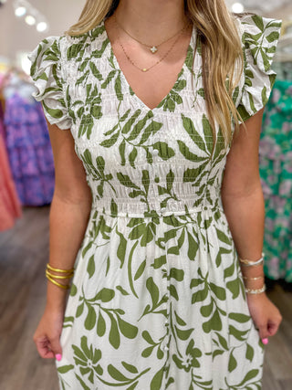 Leaf Print Smocked Mock Button Midi Dress