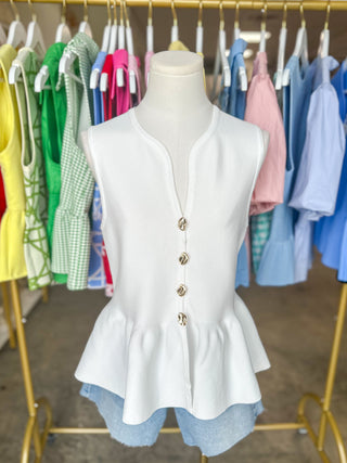 The Off White Polished Peplum Gold Button Top