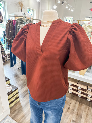 Rust Parker Puff Sleeve Textured Top