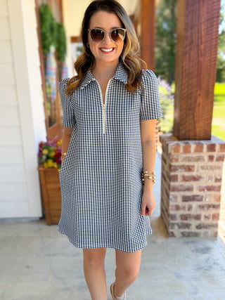 Navy Go-To Gingham Half Zip Mini Dress