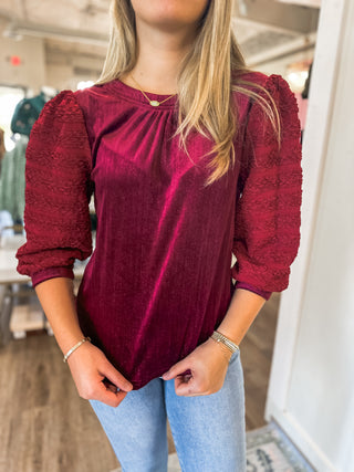 Wine Living for Texture Half Sleeve Sparkle Velvet Top