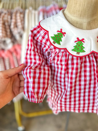 SET Christmas Tree Embroidery Red Gingham Girl Bloomer Set