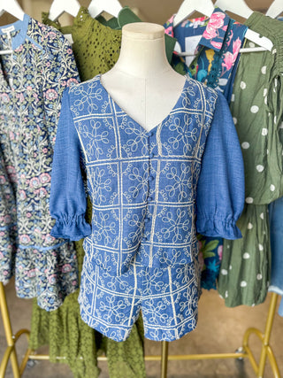 Blue & Ivory Graceful Threads Embroidered Shorts Set