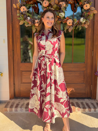 Burgundy Garden Society Collared Tie Waist Maxi Dress