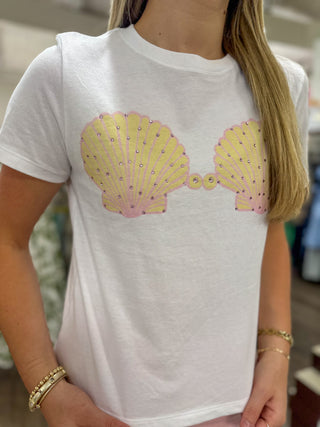 White W/ Pink & Yellow Bedazzled Seashell Bikini Cropped Tee