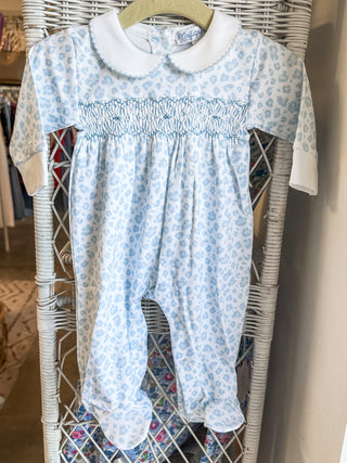 Blue Cheetah Print Smocked Footie