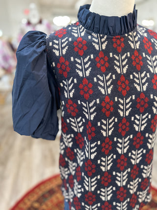 Navy & Red Daisy Row Puff Sleeve Top
