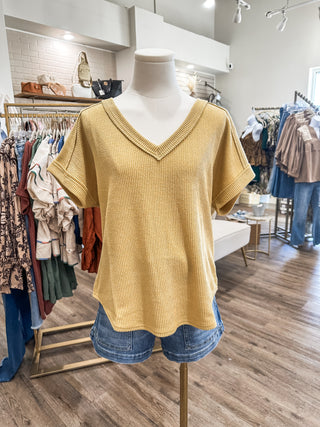 Dusty Yellow Raw Edge V-Neck Extended Short Sleeve Top