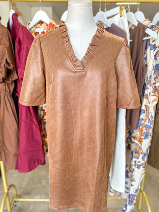 Camel Ruffled & Sweet Faux Leather Mini Dress