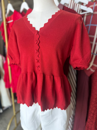 Brick Noelle Scallop Trim Peplum Knit Top