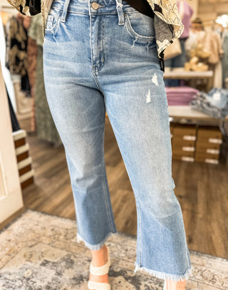 Scarlett High Rise Kick Flare Raw Hem Denim Jeans Flying Monkey