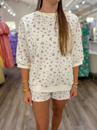 Ivory Floral Forevermore Crew Neck & Shorts Set
