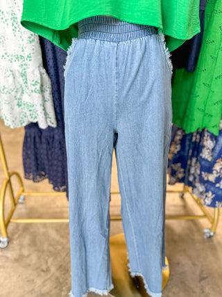 Light Denim Frayed & Free Wide Leg Pants