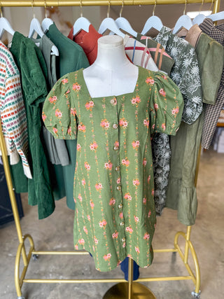 Olive Hidden Grove Floral Button Down Mini Dress