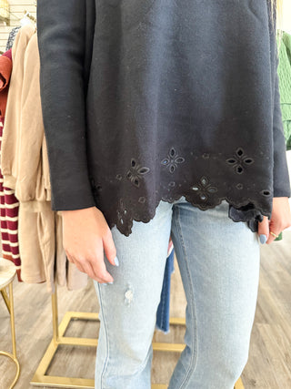 Black Soft & Sleek Scalloped Eyelet Hem Long Sleeve Sweater Top