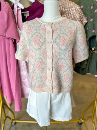 Cream Mint Subtle Floral Button-Up Short Sleeve Sweater