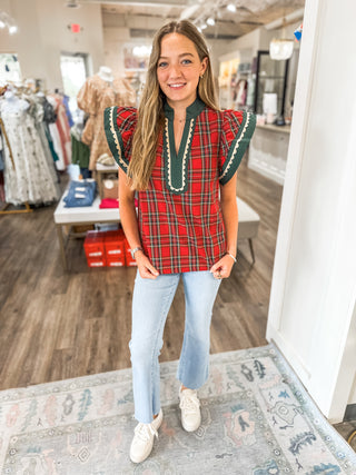 Noel Red & Green Plaid Scallop Trim Top