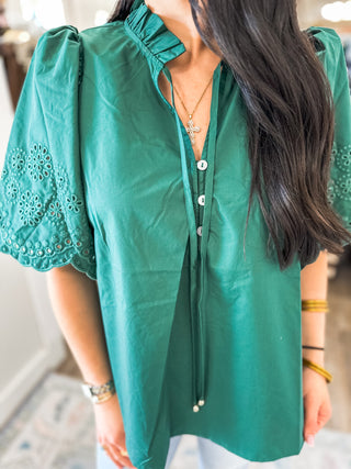 The Hunter Green Claire Eyelet Trim Blouse