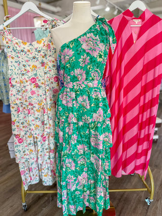 Green/Pink Pretty in Paradise Floral One Shoulder Midi Dress