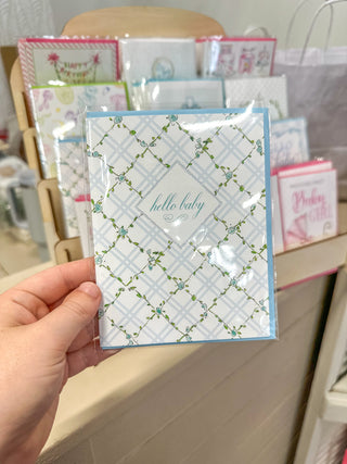 Hello Baby Blue Greenery Trellis Pattern Greeting Card