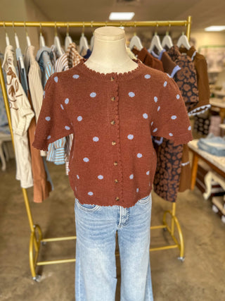 Cocoa & Baby Blue Polka Dot Scalloped Trim Sweater