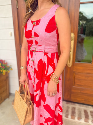 Pink Bold Bloom Belted Midi Dress