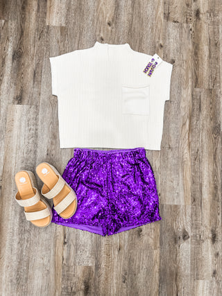 Purple Get Glam High Waisted Sequin Shorts