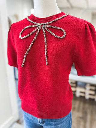 Red Glitz & Grace Beaded Crystal Bow Sweater