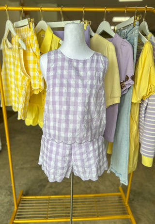 Lavendar & White Sissy's Gingham Scallop Hem Sleeveless Shorts Set