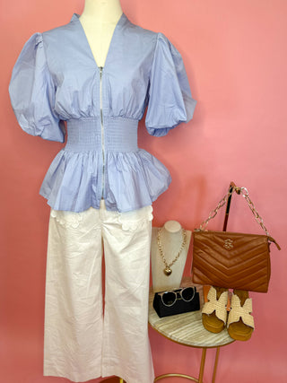 The Pretty in Periwinkle Smocked Peplum Top