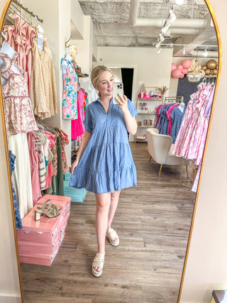 Slate Blue Floral Eyelet Split Neck Tiered Dress