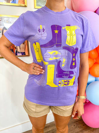 Violet LSU Dressed In Boots Graphic Tee