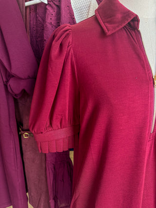 Burgundy Pretty In Pleats Half Zip Mini Dress
