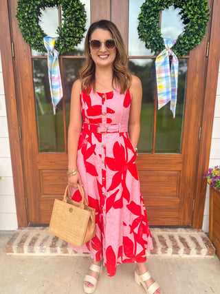 Pink Bold Bloom Belted Midi Dress