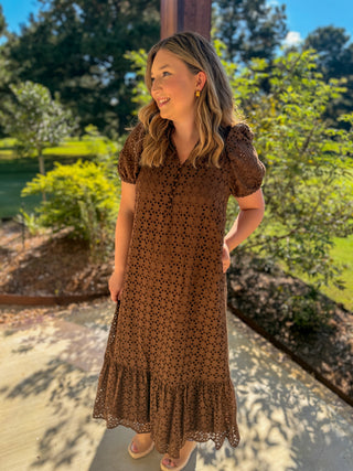 Brown Sweet Eyelet Moments Midi Dress