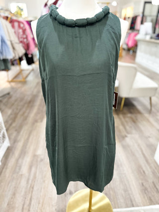 DOORBUSTER: DRESS- Forest Green Round Neckline Accent Billowy Dress