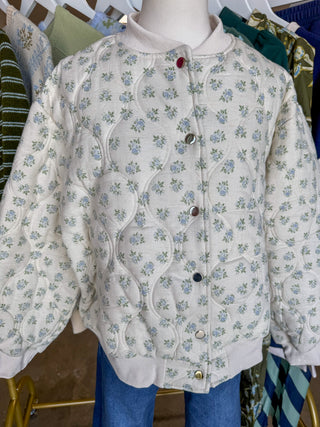 Ivory & Blue Porcelain Petals Oversized Quilted Floral Jacket