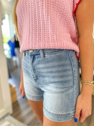 Tessa Light High Rise Front Welt Pocket Risen Denim Shorts - RISEN