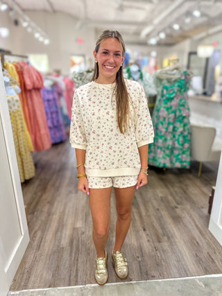 Ivory Floral Forevermore Crew Neck & Shorts Set