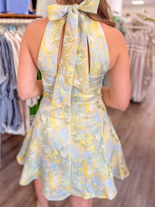 Lemon Skies Vibrant Floral Jacquard Halter Neck Mini Dress